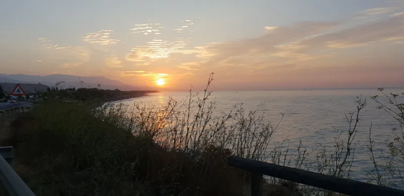 Sol bajo sobre el mar en una costa con vegetación y una señal de carretera