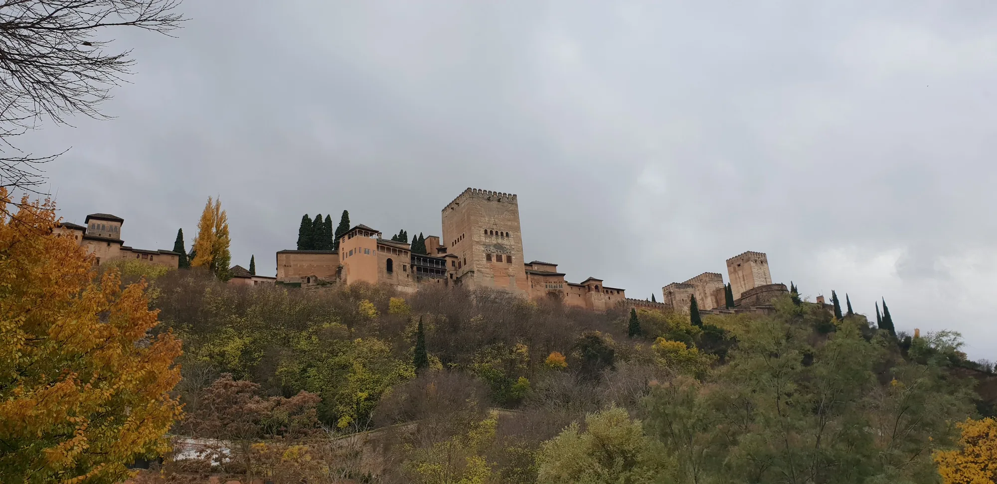 La Alhambra sobre la colina entre árboles de otoño bajo un cielo nublado en Granada