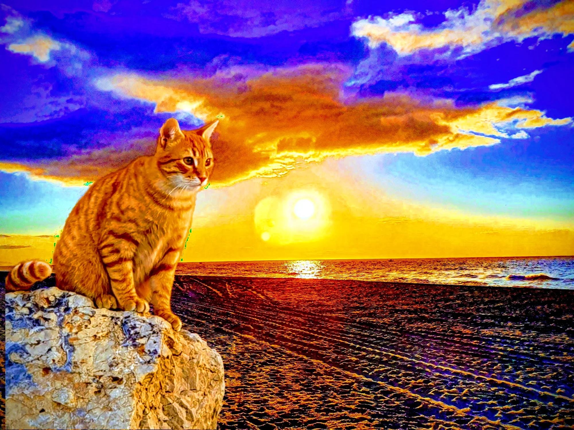 UN gato posado en una roca en la playa de Hornillo (Almayate).
